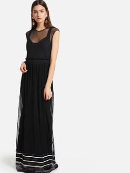 Kazo - Black Pleated Mesh Maxi Dress
