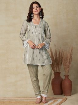FASHOR - Shimmer Printed Lace Work Kurti With Pants - Taupe (Set of 2)