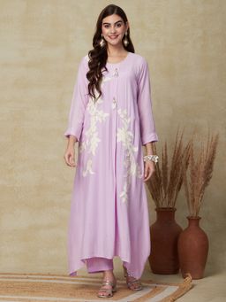 FASHOR - Beads & Stones Embroidered Kurta With Pants - Purple (Set of 2)