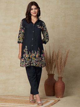 FASHOR - Floral Printed A-line Kurta With Pant - Navy Blue (Set of 2)