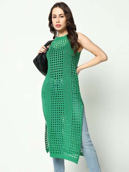 SHOWOFF - Basic Women's Green Solid Crochet Longline Top
