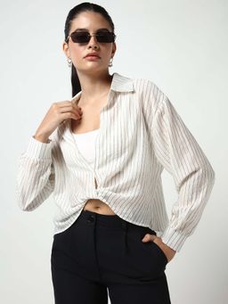 SHOWOFF - Classic Women's Off White Vertical Stripes Shirt Style Top