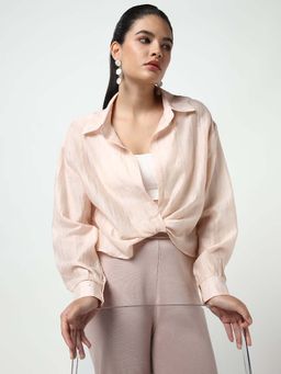 SHOWOFF - Classic Women's Peach Solid Shirt Style Crop Top