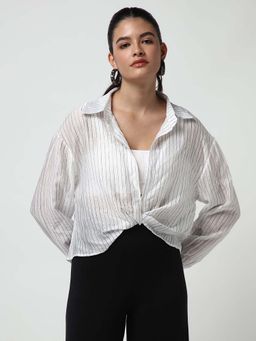 SHOWOFF - Classic Women's White Vertical Stripes Shirt Style Top