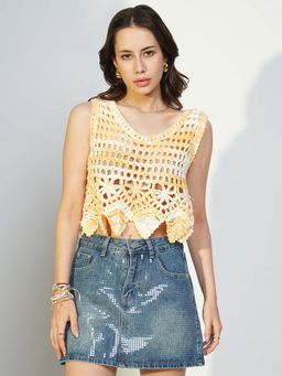 SHOWOFFFF - Women'S Yellow Solid Crochet Top