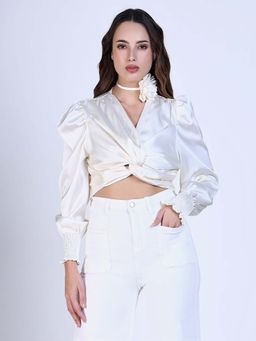 SHOWOFFFF - Edition Women's Solid Cream Crop Top with Flower Bow (Set of 2)