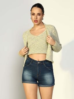 SHOWOFF - Edition Women's Solid Green Crop Top with Shrug (Set of 2)