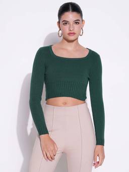 SHOWOFFFF - Basic Women's Green Solid Fitted Crop Top