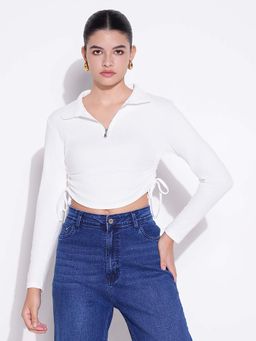 SHOWOFFFF - Basic Women's White Solid Ruched Crop Top