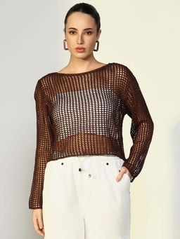 SHOWOFFFF - Edition Women's Solid Coffee Brown Crochet Top with Inner Slip (Set of 2)