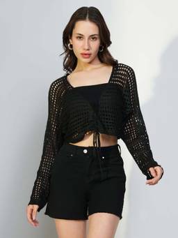 SHOWOFFFF - Basic Women's Black Self Design Crochet Crop Top with Inner Slip (Set of 2)