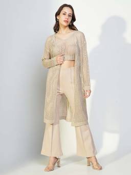 SHOWOFFFF - Women'S Beige Solid Crochet Crop Top with Shrug (Set of 2)