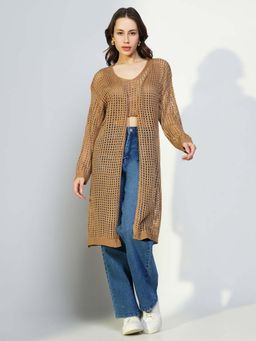 SHOWOFF - Women'S Brown Solid Crochet Crop Top with Shrug (Set of 2)