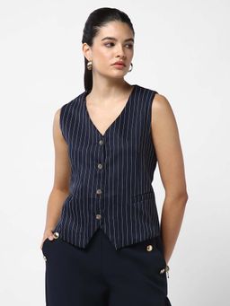 SHOWOFFFF - Classic Women's Navy Blue Vertical Stripes Vest Top