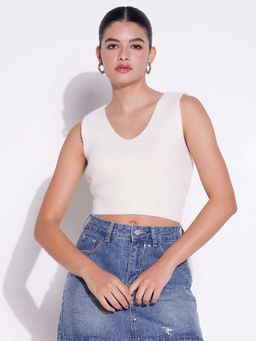 SHOWOFF - Basic Women's Cream Solid Crop Top