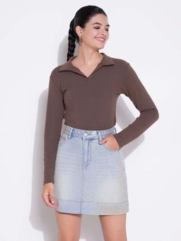SHOWOFFFF - Basic Women's Brown Solid Fitted Top