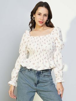 SHOWOFFFF - Women'S Off White Floral Peplum Top