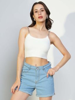 SHOWOFF - Basic Women's White Solid Fitted Crop Top