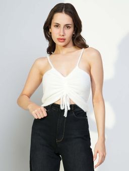 SHOWOFFFF - Basic Women's White Solid Ruched Crop Top