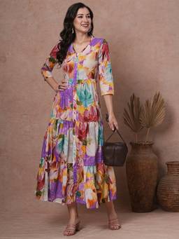 FASHOR - Floral Printed A-Line Pleated Tiered Midi Dress