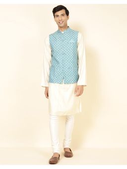 Fabindia - Blue Viscose Silk Printed Nehru Jacket