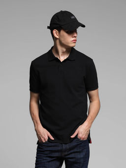Jack & Jones - Men Black Slim Fit Textured Polo T-shirt