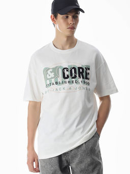 Jack & Jones - Men White Oversized Fit Printed T-shirt