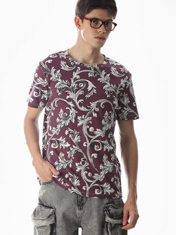 Jack & Jones - Men Wine Floral Print Regular Fit T-shirt