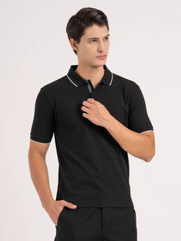Red Tape - Men Black Cotton Polyester Textured Polo T-shirt