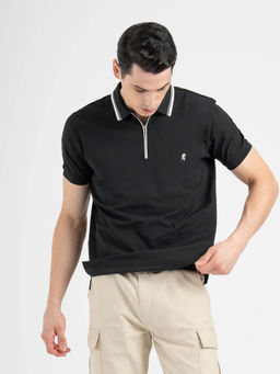 Red Tape - Men Black Polo Neck High Stretch Polyester Solid T-shirt