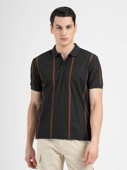 Red Tape - Men Black Polo Neck High Stretch Polyester Striped T-shirt