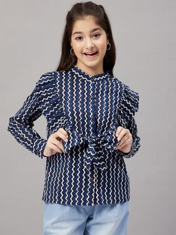 Stylo Bug - Girl's Zig Zag Printed Waist Length Ruffle Casual Wear Top -blue