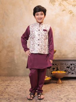 AJ Dezines - Wine Cotton Blend Full sleeves Floral Print Kurta with Pyjama & Jacket