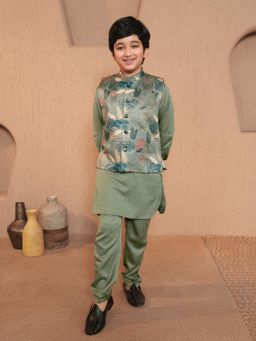 AJ Dezines - Pista Cotton Blend Full sleeves Floral Print Kurta with Pyjama & Jacket