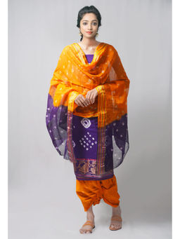 Unnati Silks - Unstitched Purple Pure Bandhani Cotton Salwar Kameez (Set of 3)