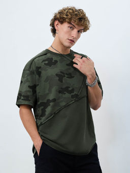 The Souled Store - Originals Panel Detail: Forest Camo Green Oversized T-shirt