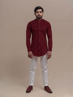 Runit Gupta - Maroon Smocking Short Kurta-tuxedo Shirt (Set of 2)