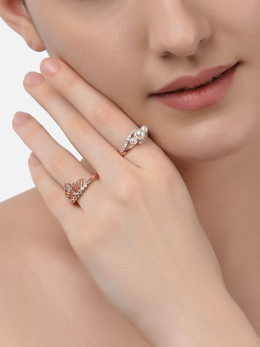Zaveri Pearls Set of 2 Rose Gold Contemporary Cubic Zirconia Brass Rings-ZPFK11179