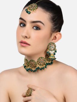 Zaveri Pearls - Green Beads & Stones Choker Necklace Earring Maangtikka & Ring Set-ZPFK10498