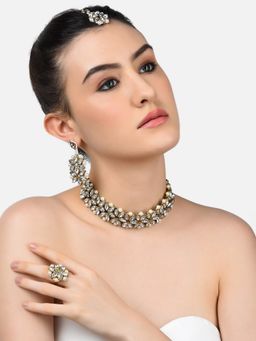 Zaveri Pearls - Gold Tone Ethnic Choker Necklace Earring Maangtikka & Ring Set-ZPFK10774