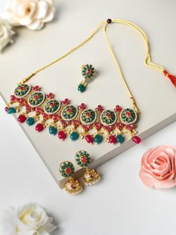 Zaveri Pearls - Pink & Green Traditional Choker Necklace Earring & Ring Set-ZPFK10806
