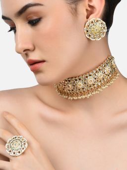 Zaveri Pearls - Gold Tone Traditional Kundan Choker Necklace Earring & Ring Set-ZPFK10807