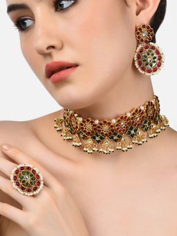 Zaveri Pearls - Pink & Green Kundan Ethnic Choker Necklace Earring & Ring Set-ZPFK10832