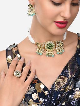Zaveri Pearls - Green Beads & Kundan Choker Necklace Earring & Ring Set-ZPFK11066
