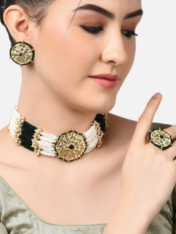 Zaveri Pearls - Green Kundan Clustered Pearls Choker Necklace Earring & Ring Set-ZPFK11228