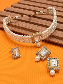 Zaveri Pearls - Gold Tone Multistrand Pearls Choker Necklace Earring & Ring Set-ZPFK11456