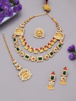 Zaveri Pearls - Green and Pink South Indian Temple Necklace Earring Maangtikka Ring Set-ZPFK11663