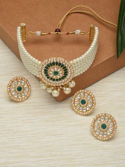 Zaveri Pearls - Green Ethnic Multi Strand Kundan Choker Necklace Earring and Ring Set-ZPFK12119