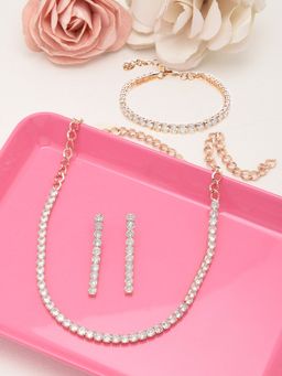 Zaveri Pearls - Rose Gold Dazzling Cubic Zirconia Necklace Earring and Bracelet Set-ZPFK12569
