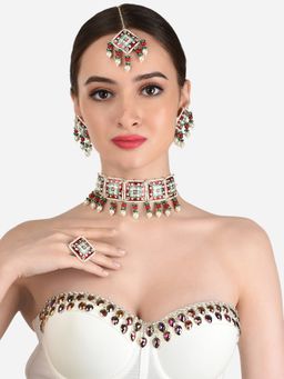 Zaveri Pearls - Red Green Floral Choker Necklace Earring Maangtikka and Ring -ZPFK12223 (Set of 4)